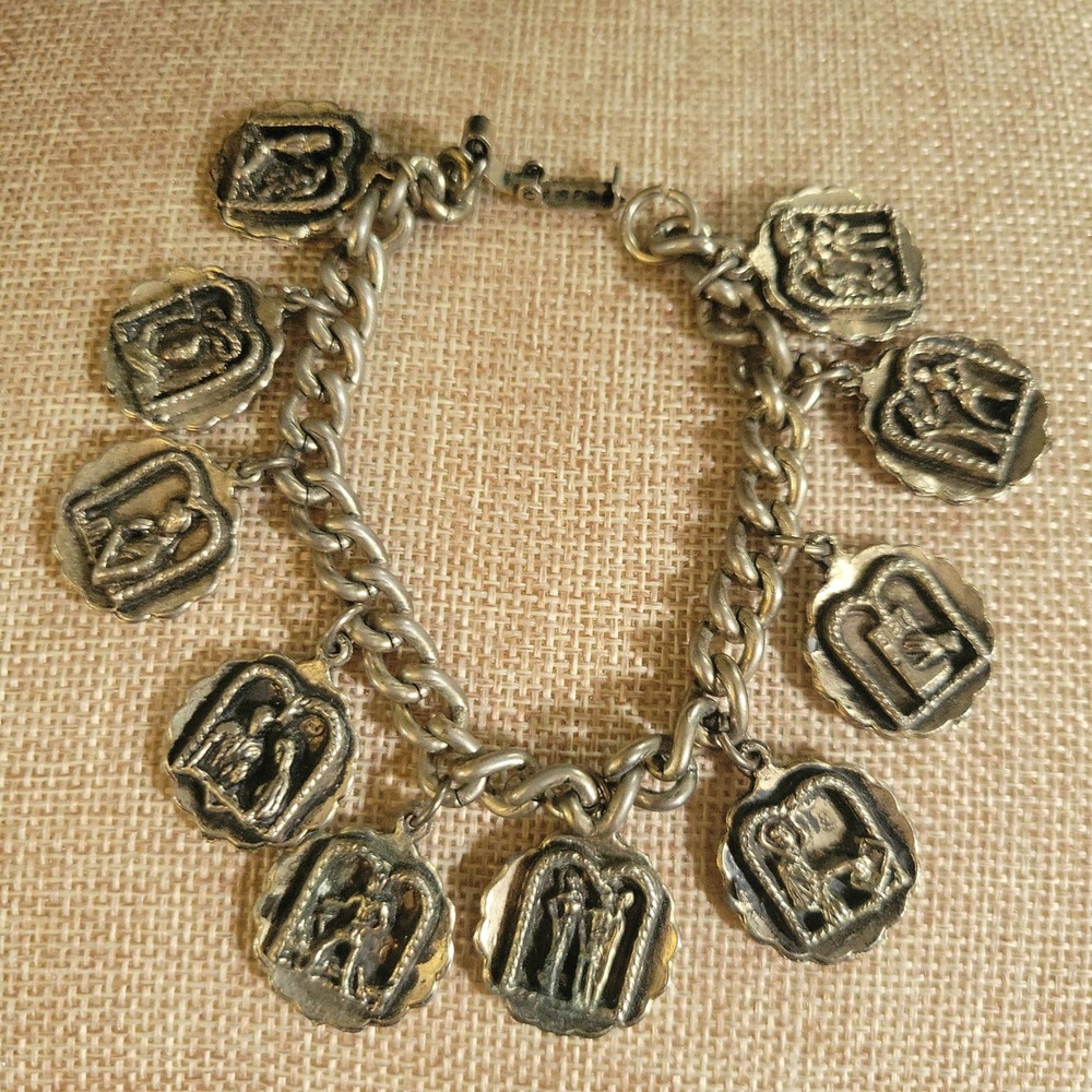 Vintage Ten Commandments Religious Charm Bracelet Silver Tone 7 Inch Cottagecore